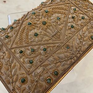 Vintage Jade and Gold and silver thread Embroidered evening Clutch